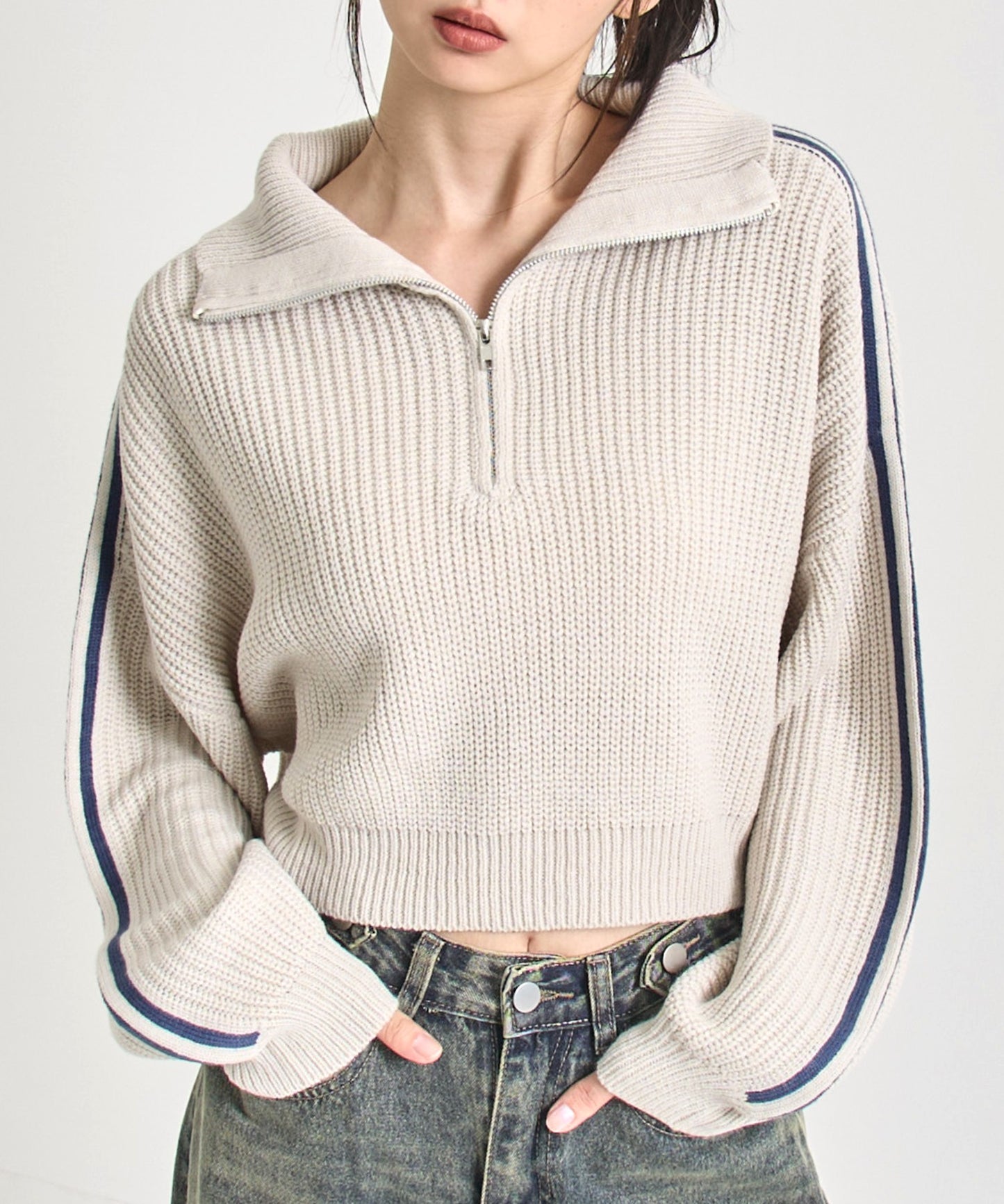 ハーフジップ ライン デザイン ニット トップス 793-9421