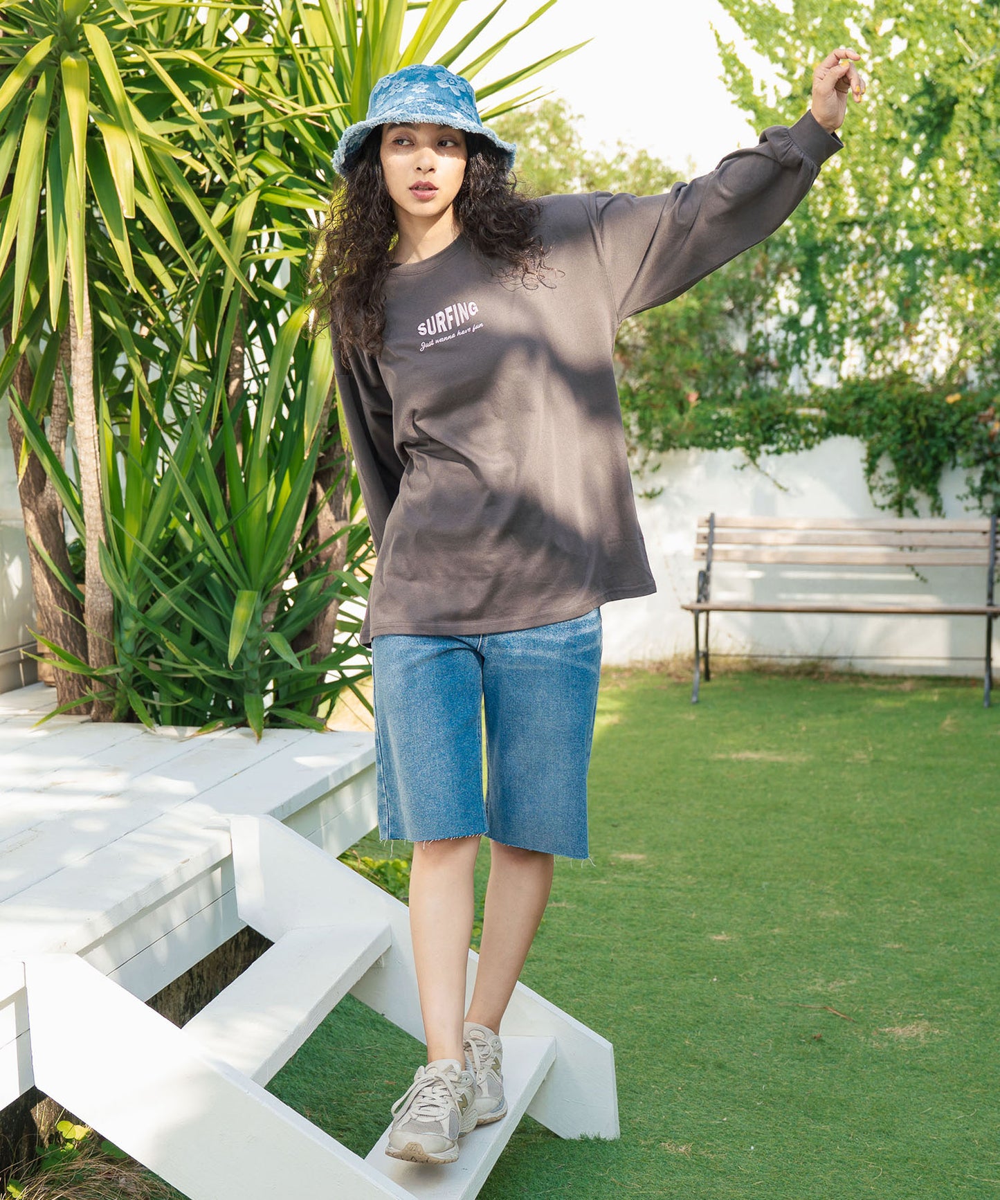 パームツリー サーフプリント ビッグ ロングスリーブ Tシャツ 853-5949