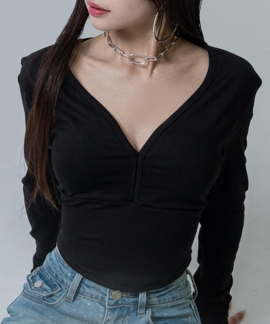 Vネック ぴたっと クロップド ロングスリーブ Tシャツ 153-6042