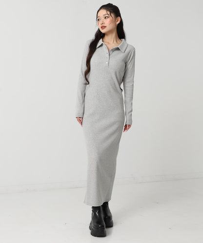 ポロ襟 リブ ロング ワンピース 797-9389
