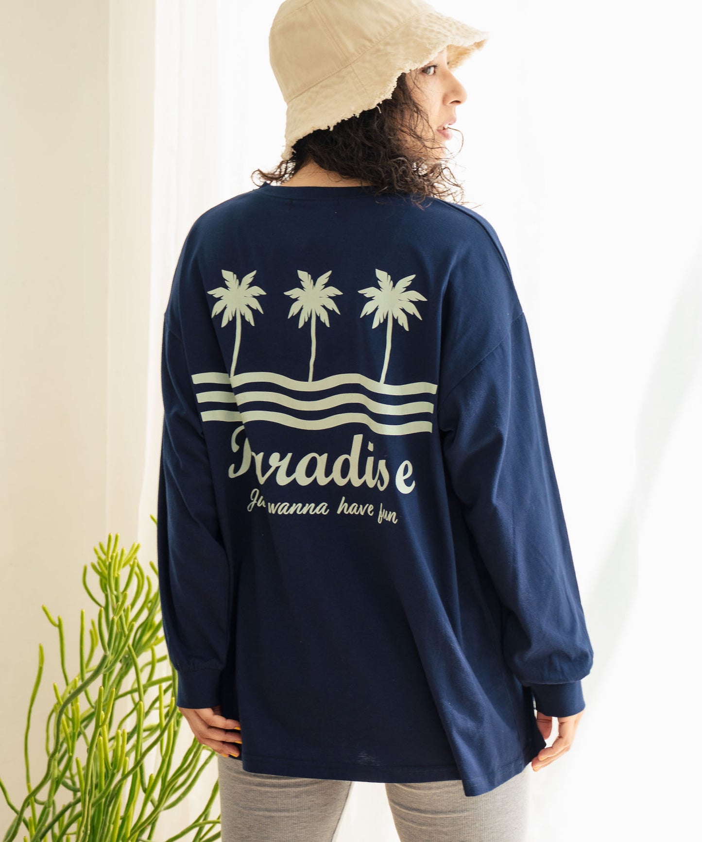 パームツリー サーフプリント ビッグ ロングスリーブ Tシャツ 853-5949