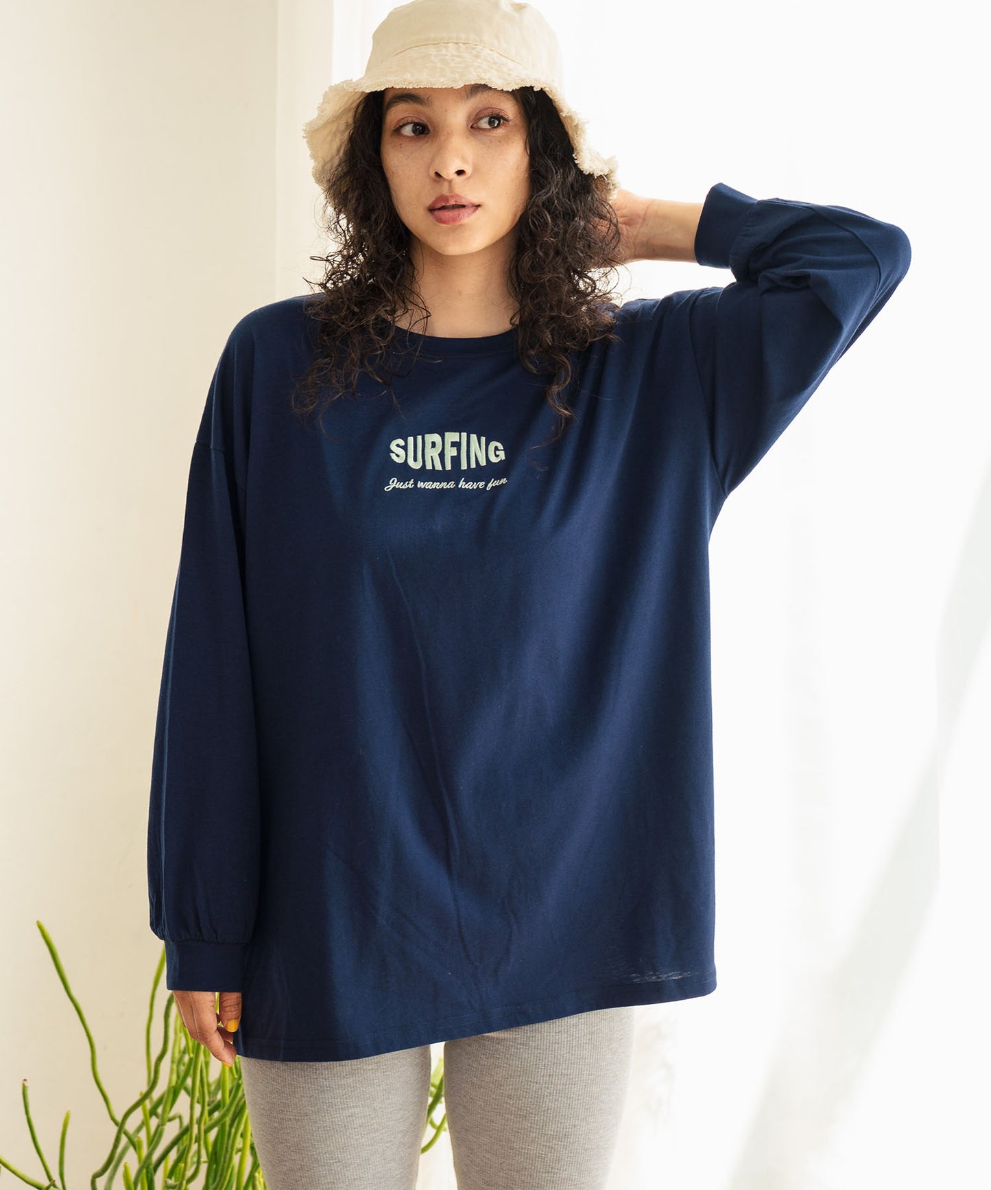 パームツリー サーフプリント ビッグ ロングスリーブ Tシャツ 853-5949