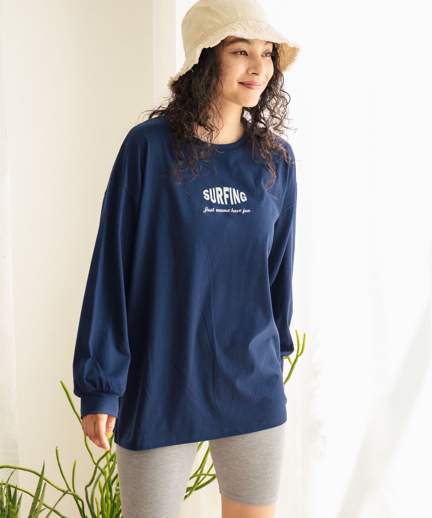 パームツリー サーフプリント ビッグ ロングスリーブ Tシャツ 853-5949