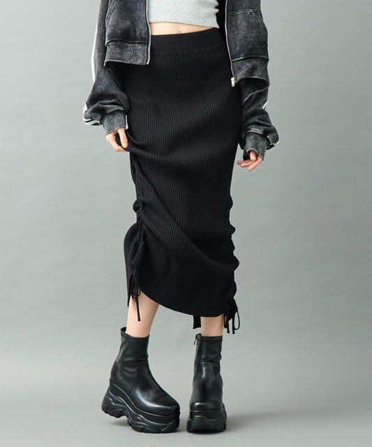 リブニット サイドギャザー ロングスカート 151-5937