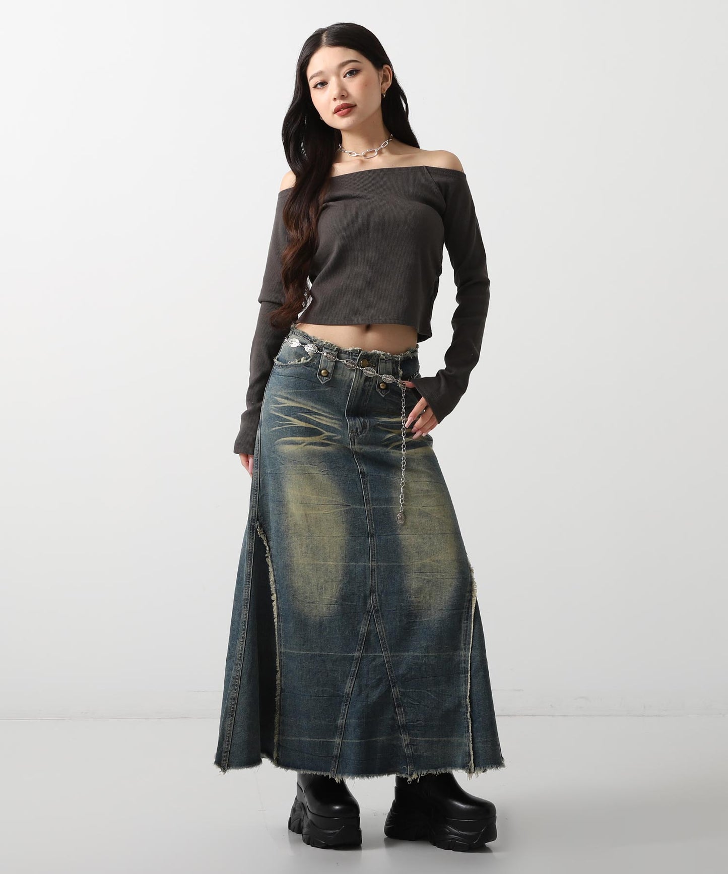 フリンジ デザイン スタッズ デニム ロング スカート 151-5967