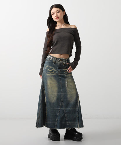 フリンジ デザイン スタッズ デニム ロング スカート 151-5967