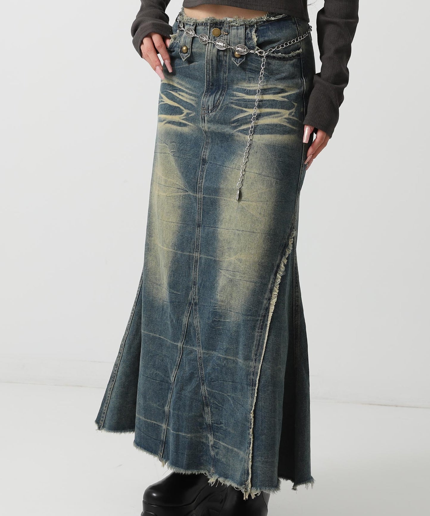 フリンジ デザイン スタッズ デニム ロング スカート 151-5967