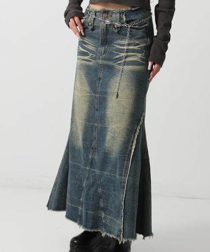 フリンジ デザイン スタッズ デニム ロング スカート 151-5967