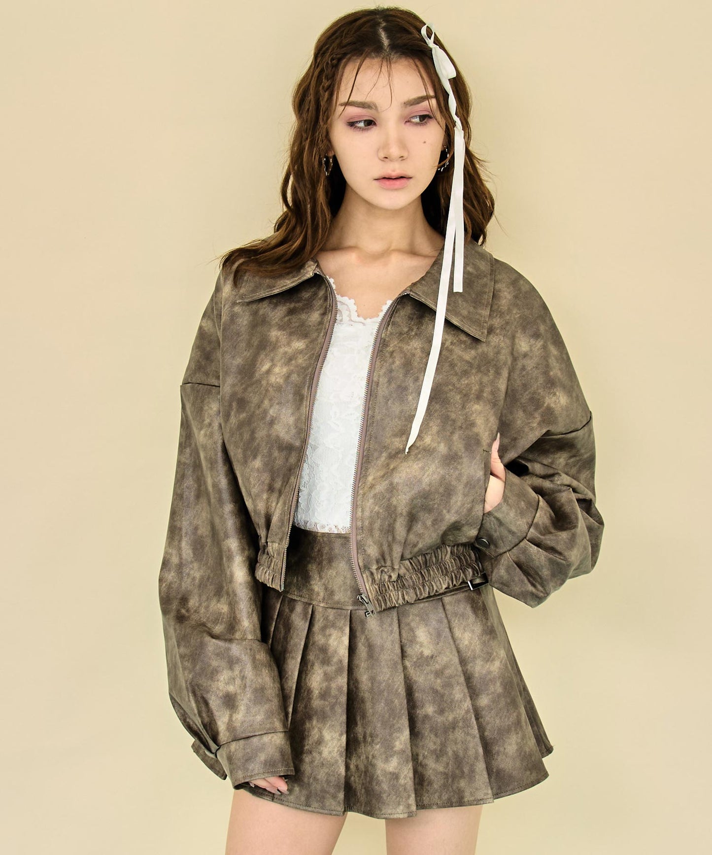 ヴィンテージ加工 フェイクレザー プリーツ ミニ スカート 151-5991