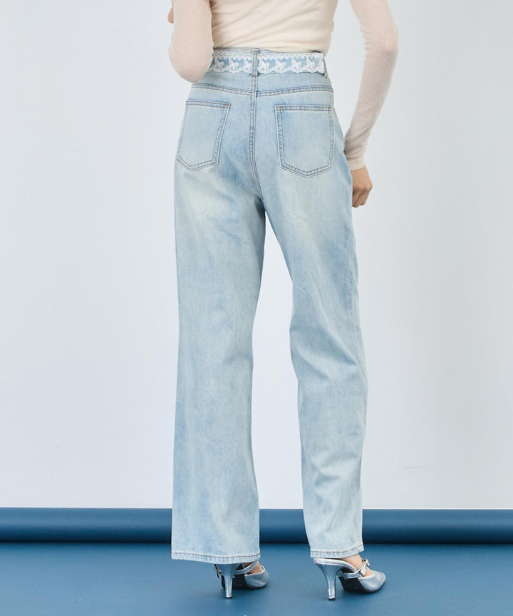 リボンチャーム付き レース ベルト ワイド デニム パンツ 152-5727
