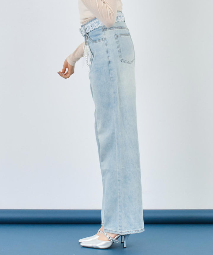 リボンチャーム付き レース ベルト ワイド デニム パンツ 152-5727