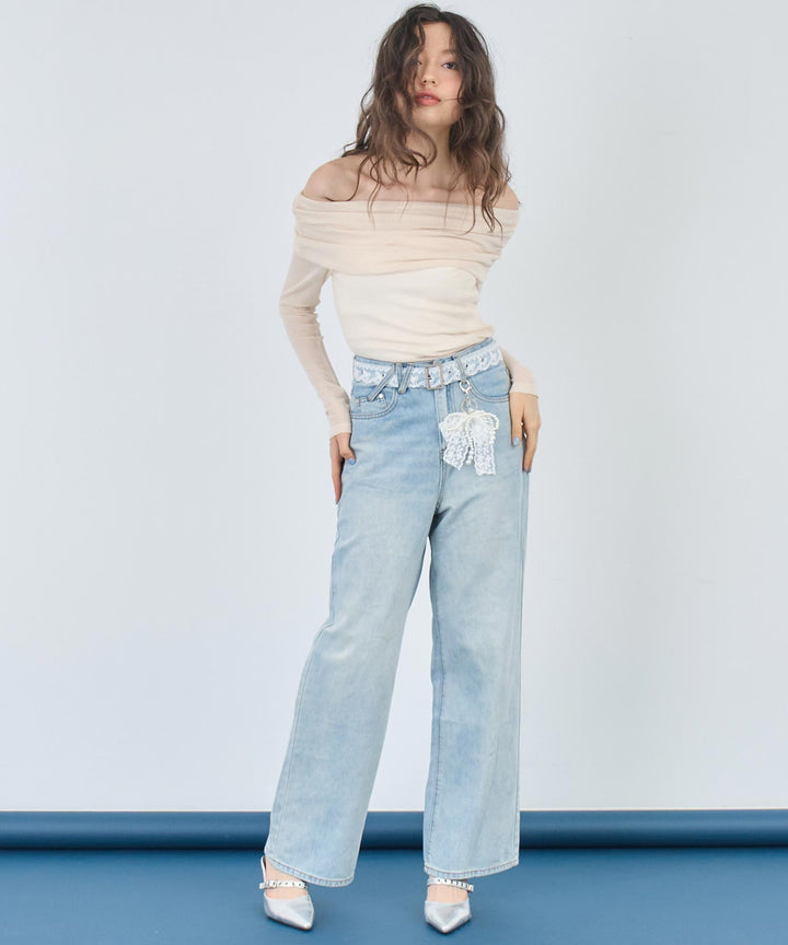 リボンチャーム付き レース ベルト ワイド デニム パンツ 152-5727