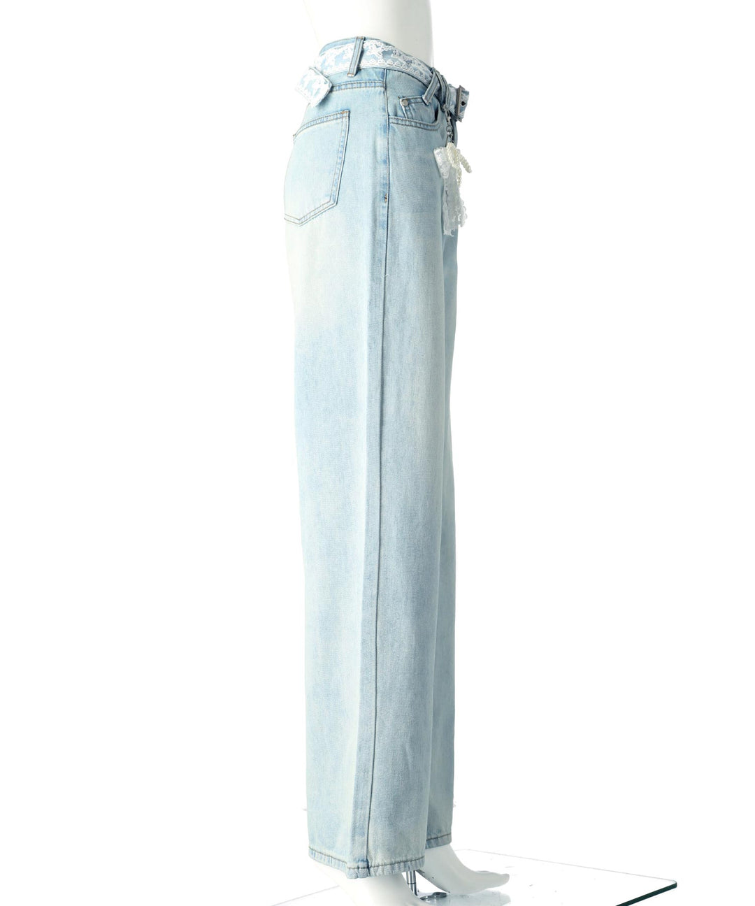 リボンチャーム付き レース ベルト ワイド デニム パンツ 152-5727