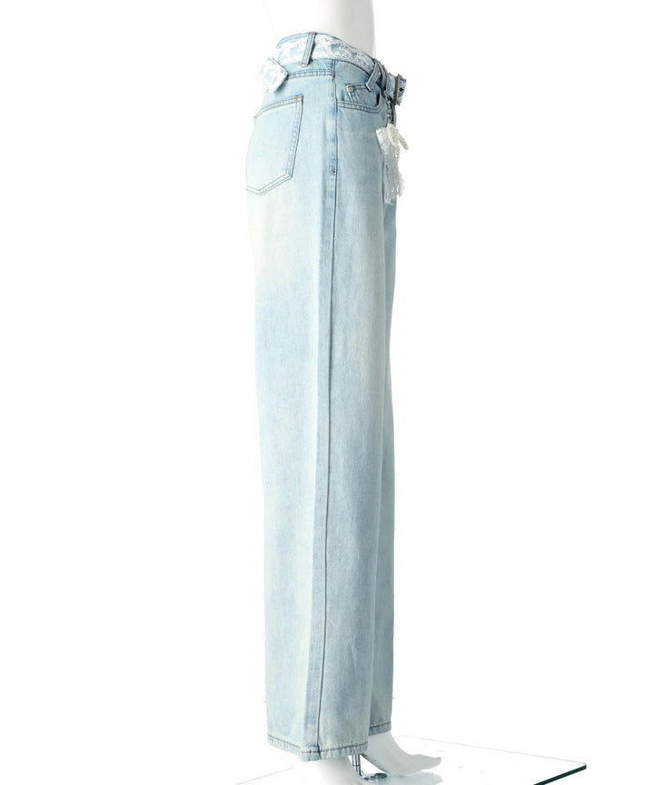 リボンチャーム付き レース ベルト ワイド デニム パンツ 152-5727