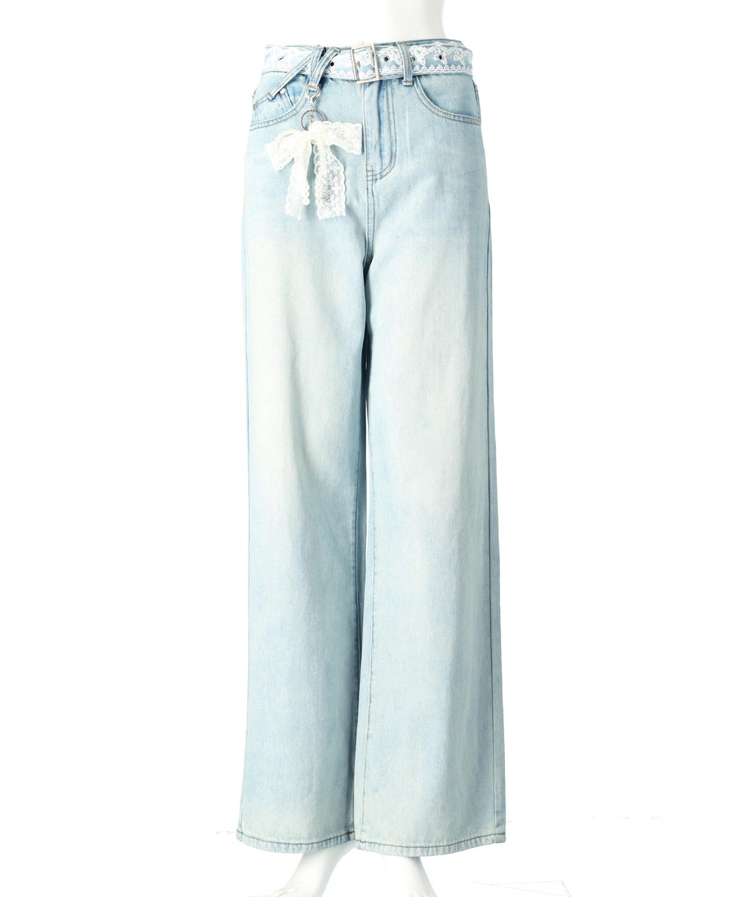 リボンチャーム付き レース ベルト ワイド デニム パンツ 152-5727