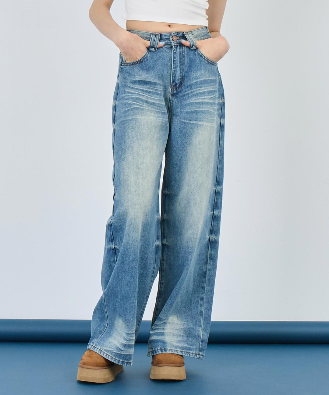 ウォッシュ 加工 シンプル ワイド ストレート デニム パンツ 152-5767
