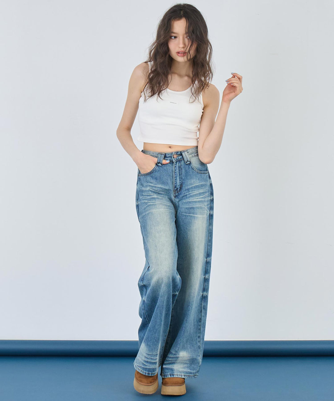 ウォッシュ 加工 シンプル ワイド ストレート デニム パンツ 152-5767