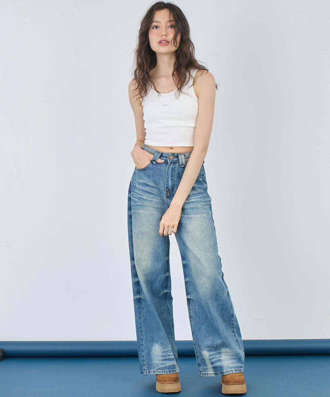 ウォッシュ 加工 シンプル ワイド ストレート デニム パンツ 152-5767