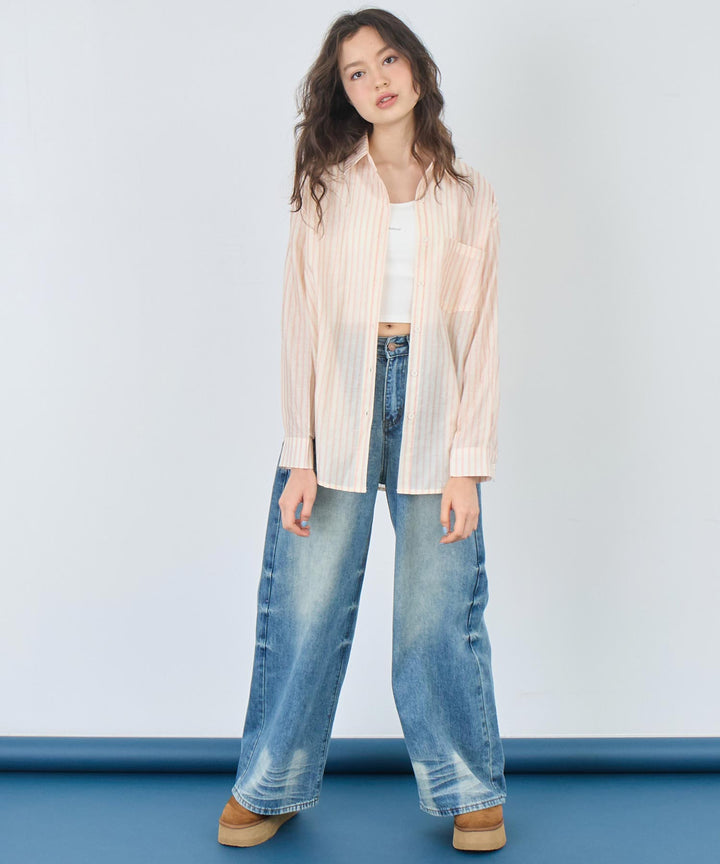 ウォッシュ 加工 シンプル ワイド ストレート デニム パンツ 152-5767