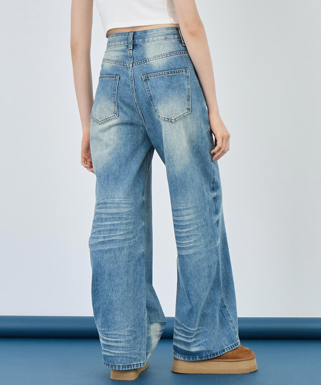 ウォッシュ 加工 シンプル ワイド ストレート デニム パンツ 152-5767