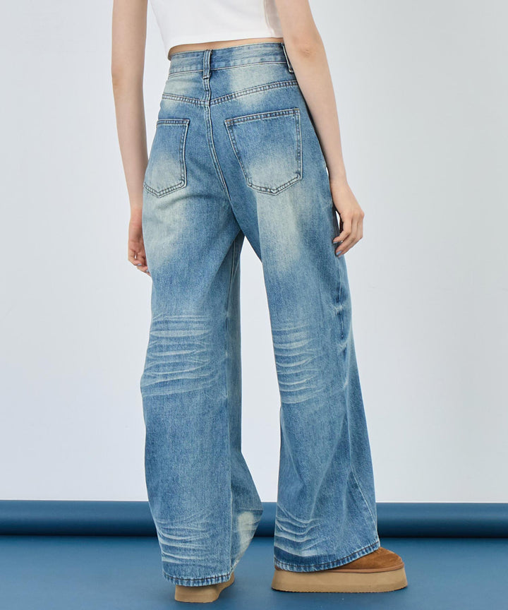 ウォッシュ 加工 シンプル ワイド ストレート デニム パンツ 152-5767