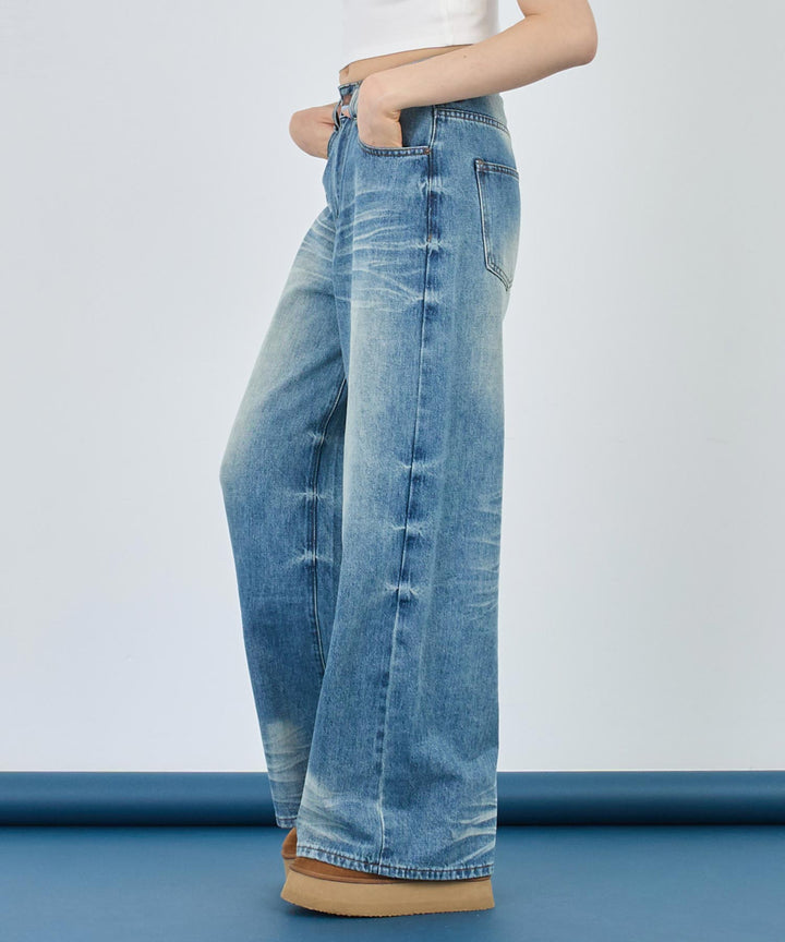 ウォッシュ 加工 シンプル ワイド ストレート デニム パンツ 152-5767