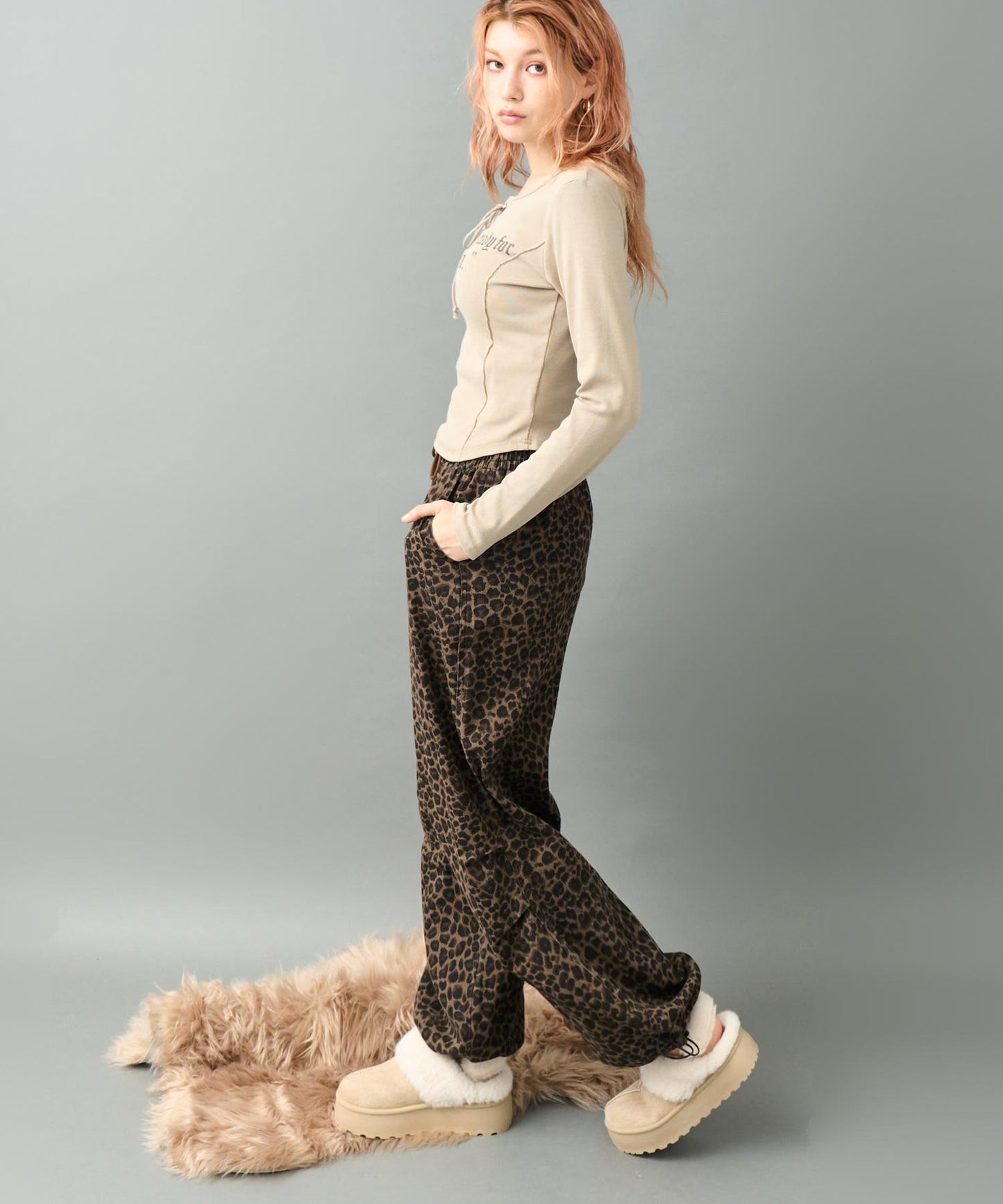 ウエスト ギャザー レオパード プルオン パンツ  152-5919