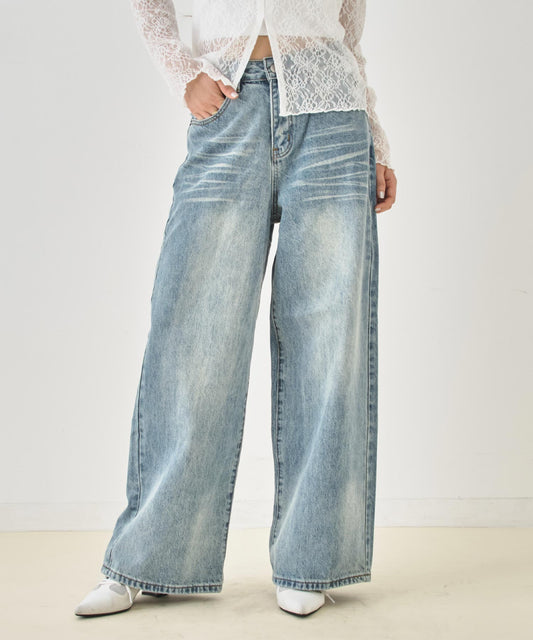 ウィンテージ加工 バック カーゴポケット ワイド デニム パンツ 152-6025