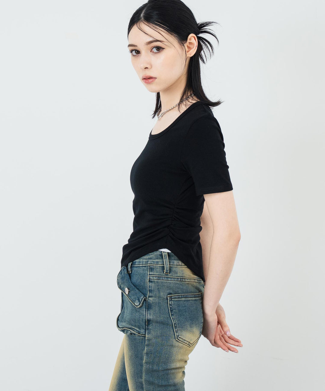 ウエスト ギャザー ラウンドネック Tシャツ 153-5705