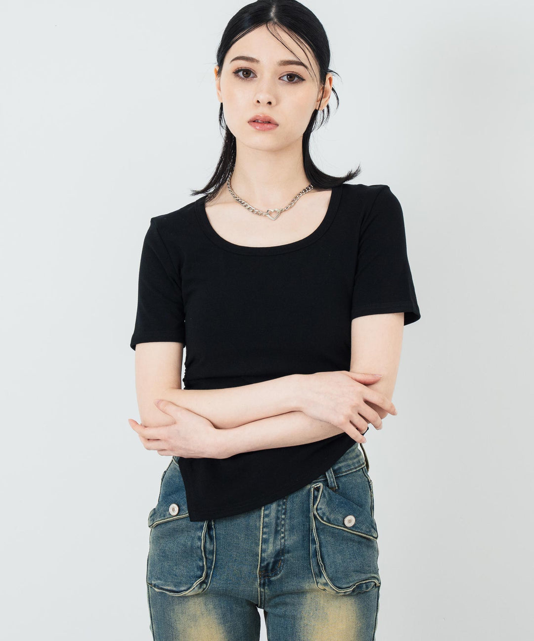 ウエスト ギャザー ラウンドネック Tシャツ 153-5705