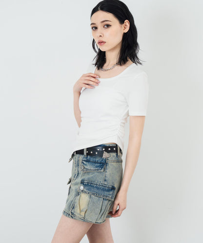 ウエスト ギャザー ラウンドネック Tシャツ 153-5705