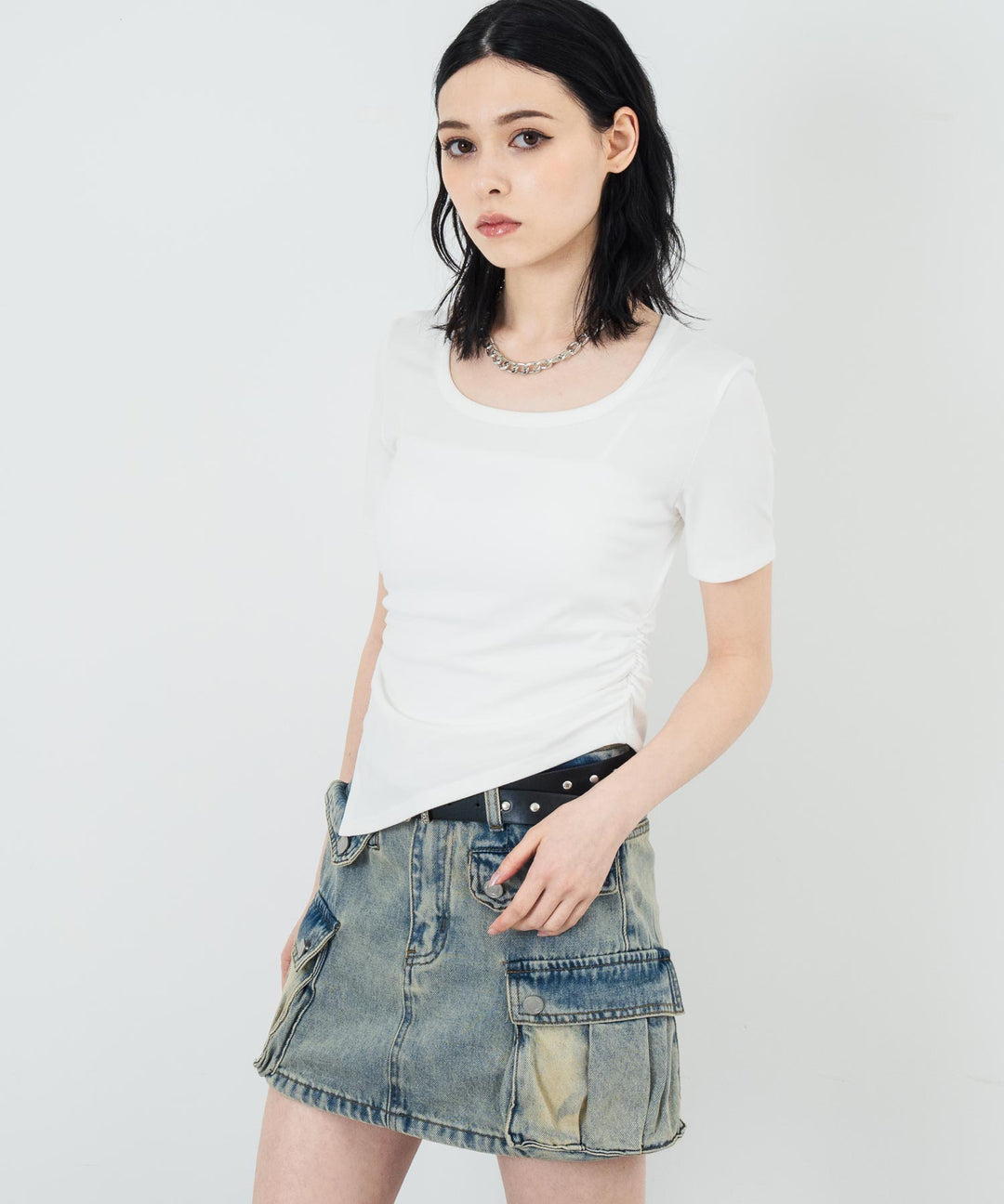 ウエスト ギャザー ラウンドネック Tシャツ 153-5705