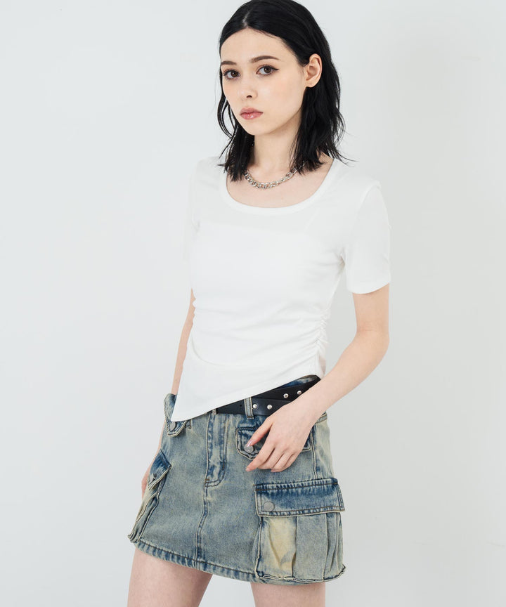 ウエスト ギャザー ラウンドネック Tシャツ 153-5705
