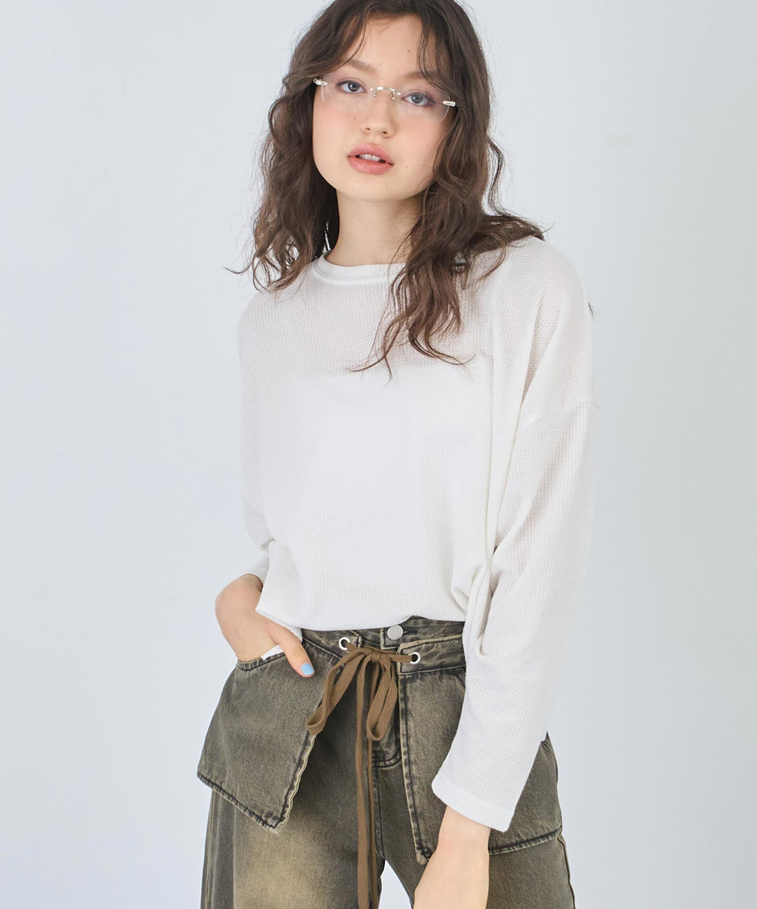 クルーネック ワッフル ロングスリーブ Tシャツ 長袖 153-5720