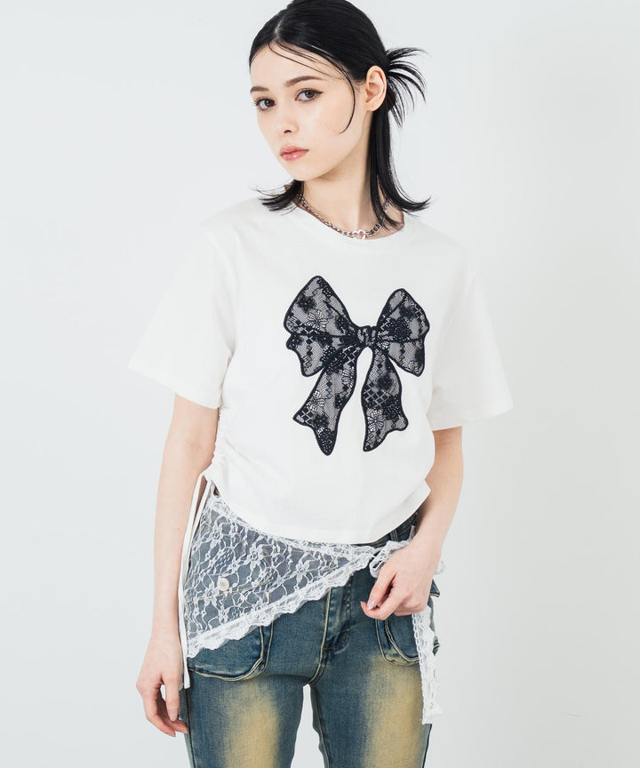 レース リボン ピグメント サイド シャーリング Tシャツ 153-5736