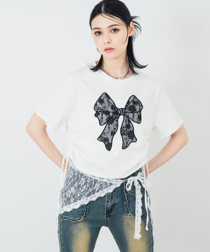 レース リボン ピグメント サイド シャーリング Tシャツ 153-5736