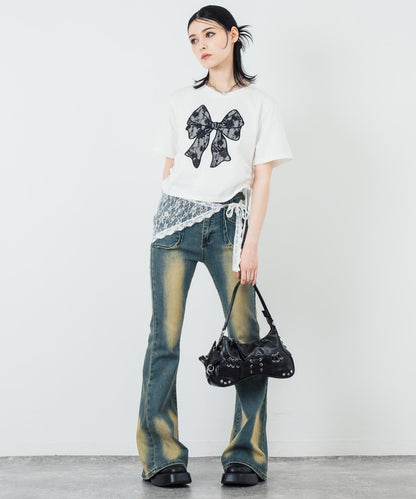 レース リボン ピグメント サイド シャーリング Tシャツ 153-5736