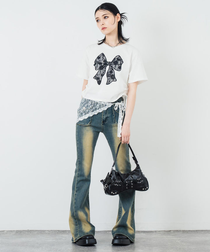 レース リボン ピグメント サイド シャーリング Tシャツ 153-5736