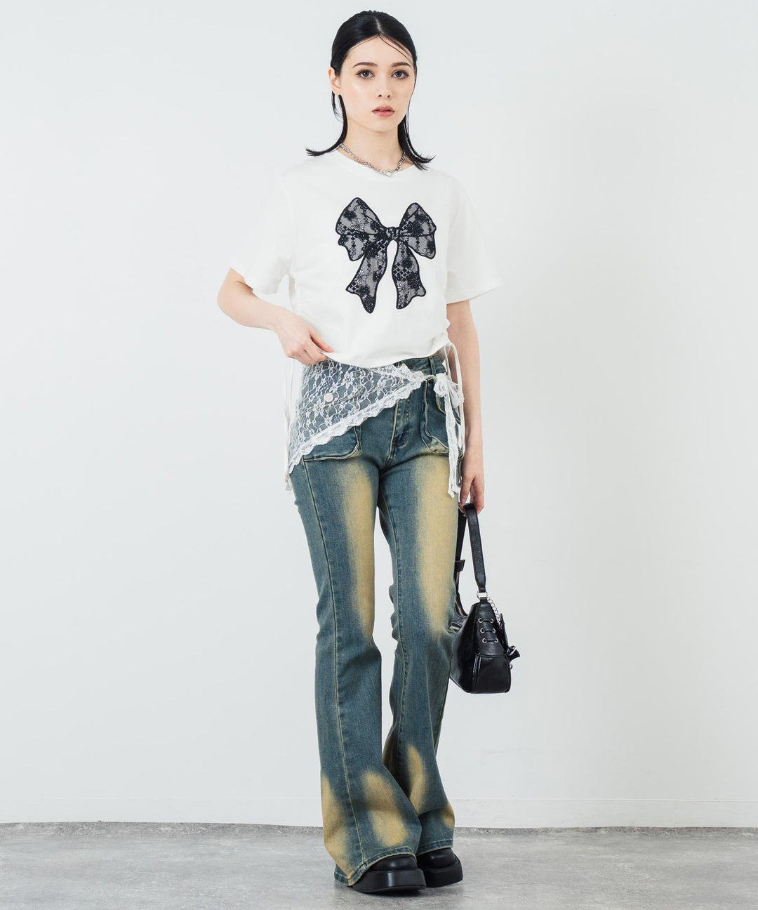 レース リボン ピグメント サイド シャーリング Tシャツ 153-5736