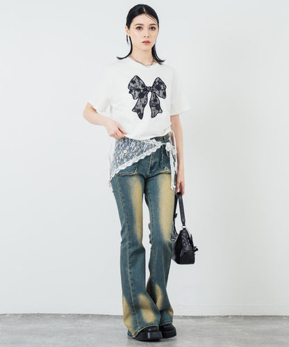 レース リボン ピグメント サイド シャーリング Tシャツ 153-5736