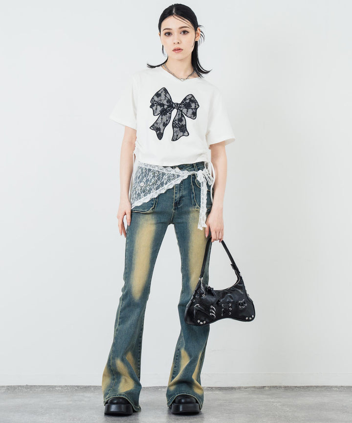レース リボン ピグメント サイド シャーリング Tシャツ 153-5736