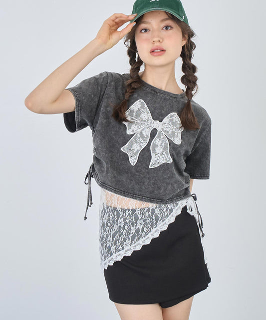 レース リボン ピグメント サイド シャーリング Tシャツ 153-5736