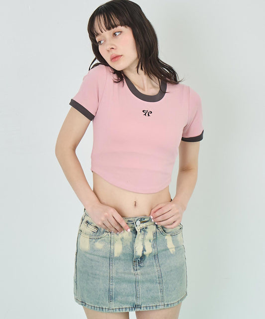 配色 リボン 刺繍 コンパクト リンガー Tシャツ 153-5756