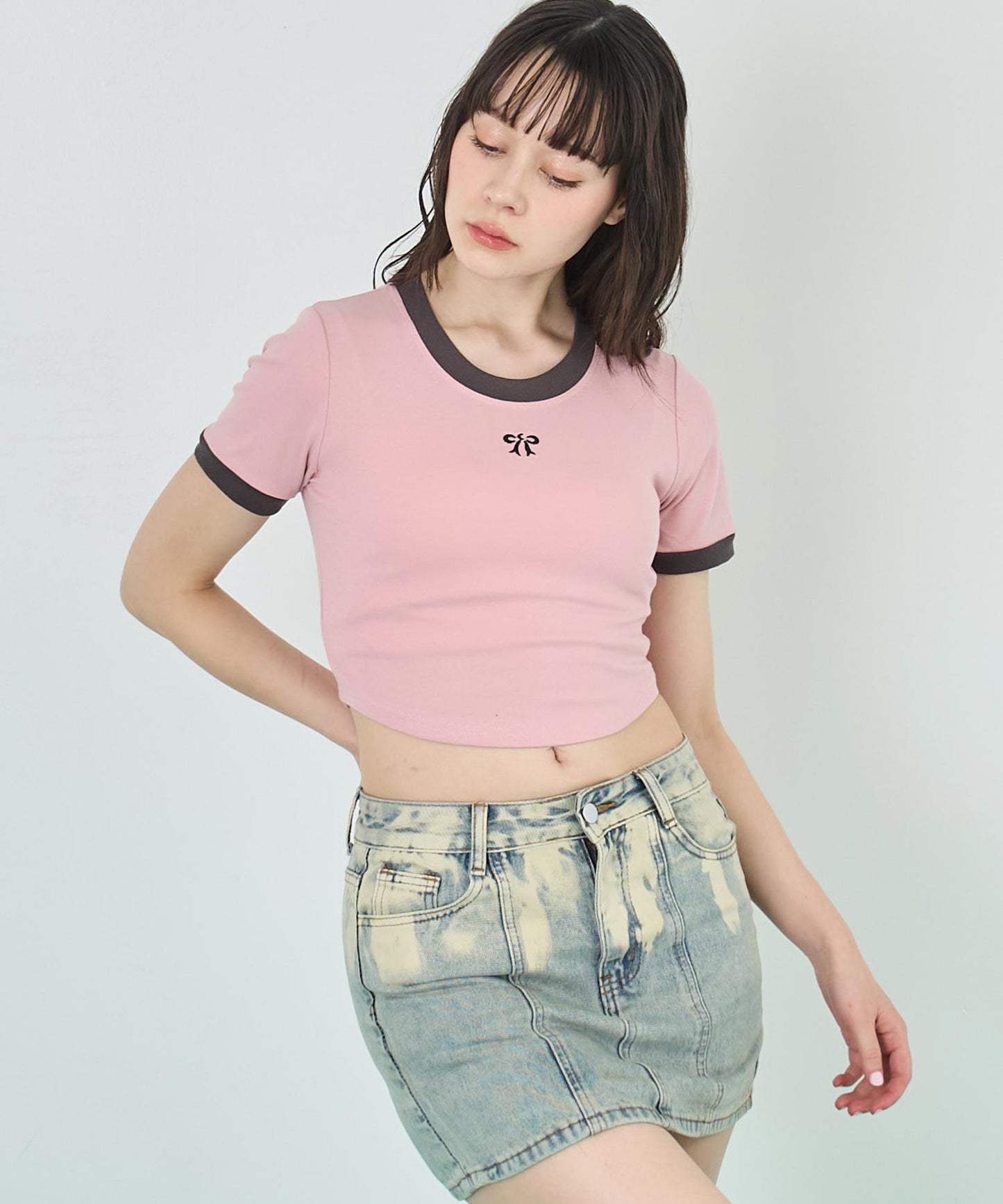 配色 リボン 刺繍 コンパクト リンガー Tシャツ 153-5756