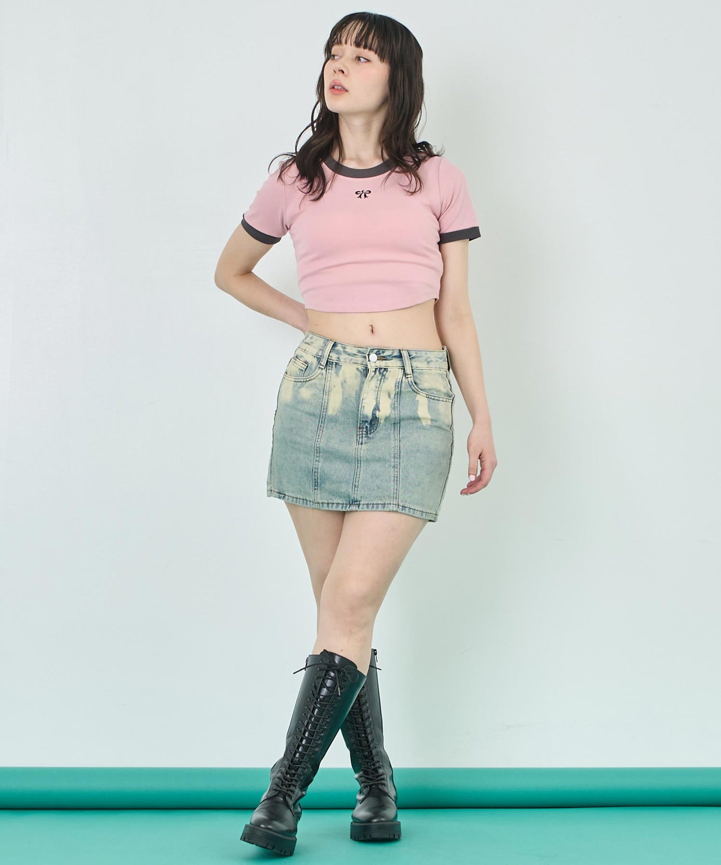 配色 リボン 刺繍 コンパクト リンガー Tシャツ 153-5756