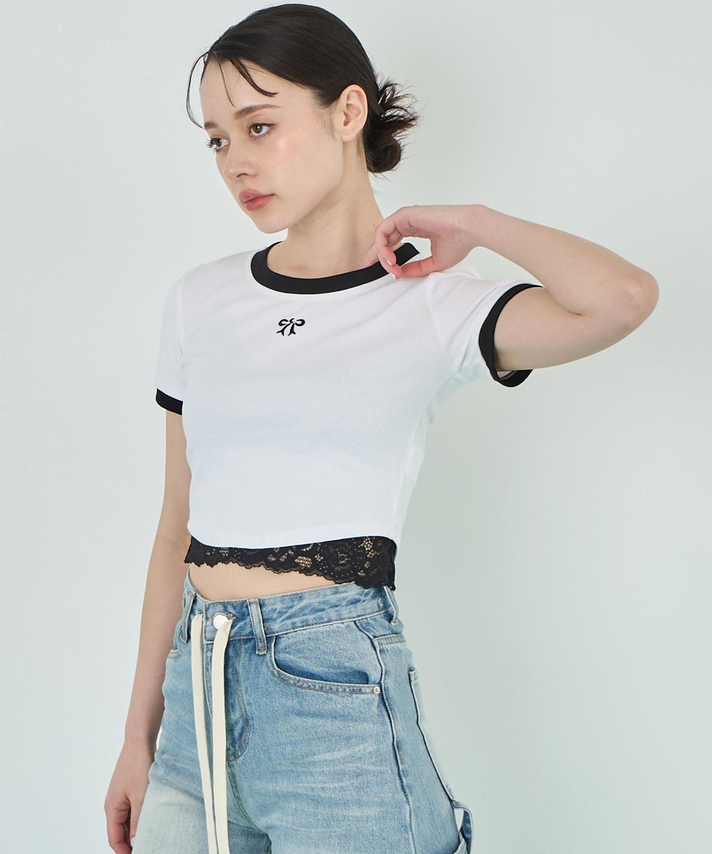 配色 リボン 刺繍 コンパクト リンガー Tシャツ 153-5756