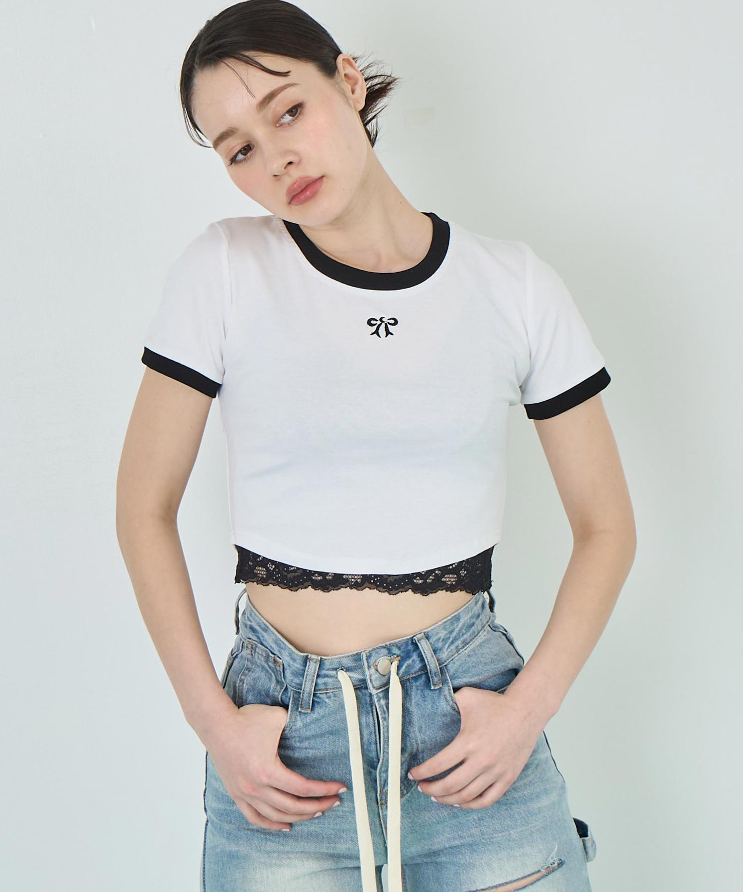 配色 リボン 刺繍 コンパクト リンガー Tシャツ 153-5756