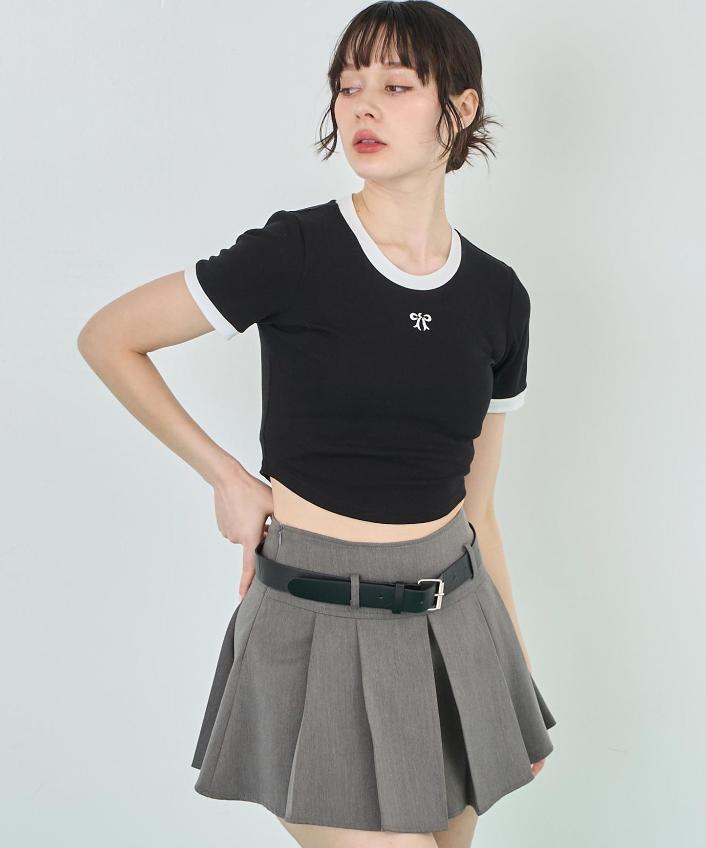 配色 リボン 刺繍 コンパクト リンガー Tシャツ 153-5756