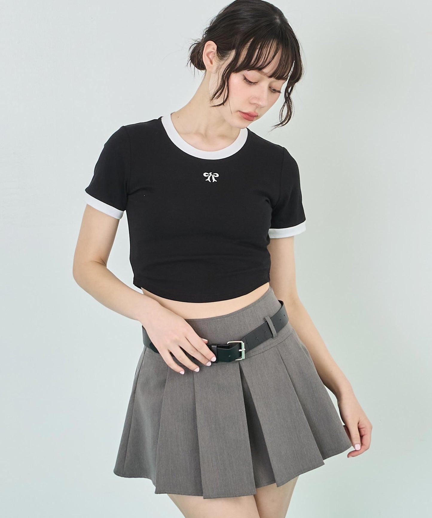 配色 リボン 刺繍 コンパクト リンガー Tシャツ 153-5756