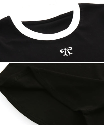 配色 リボン 刺繍 コンパクト リンガー Tシャツ 153-5756